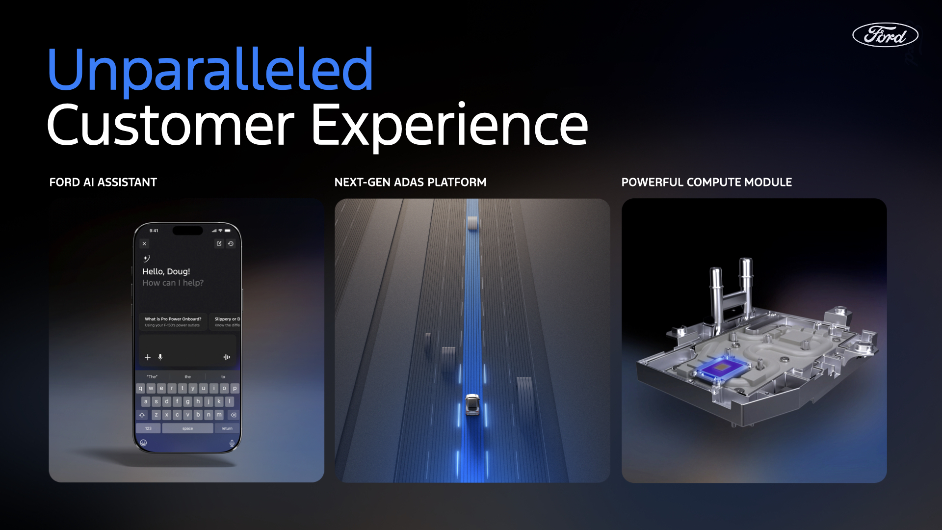 A graphic showing the Ford AI assistant, the next-gen ADAS platform, and the powerful compute module.